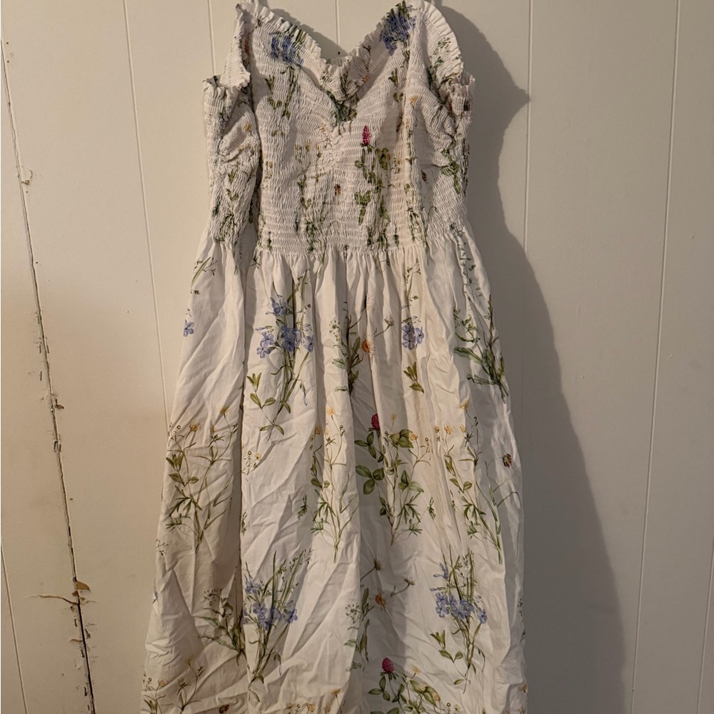 H&M White Floral Smocked Top with Pastel Blooms